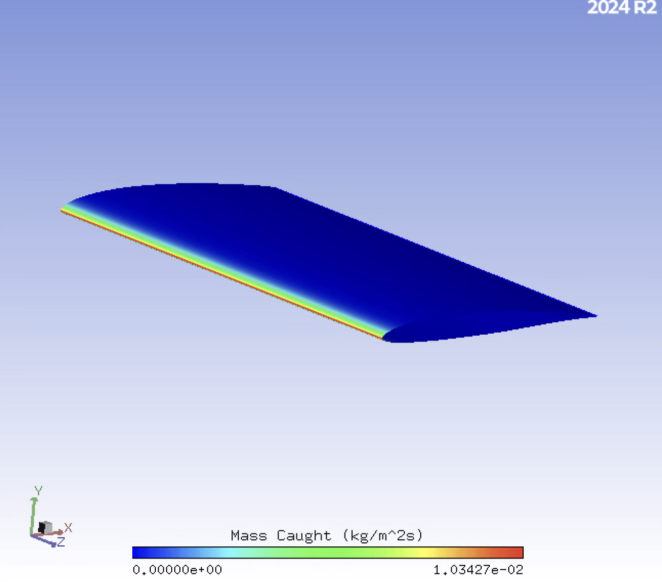 Mass-caught map over wing surface from FENSAP-ICE